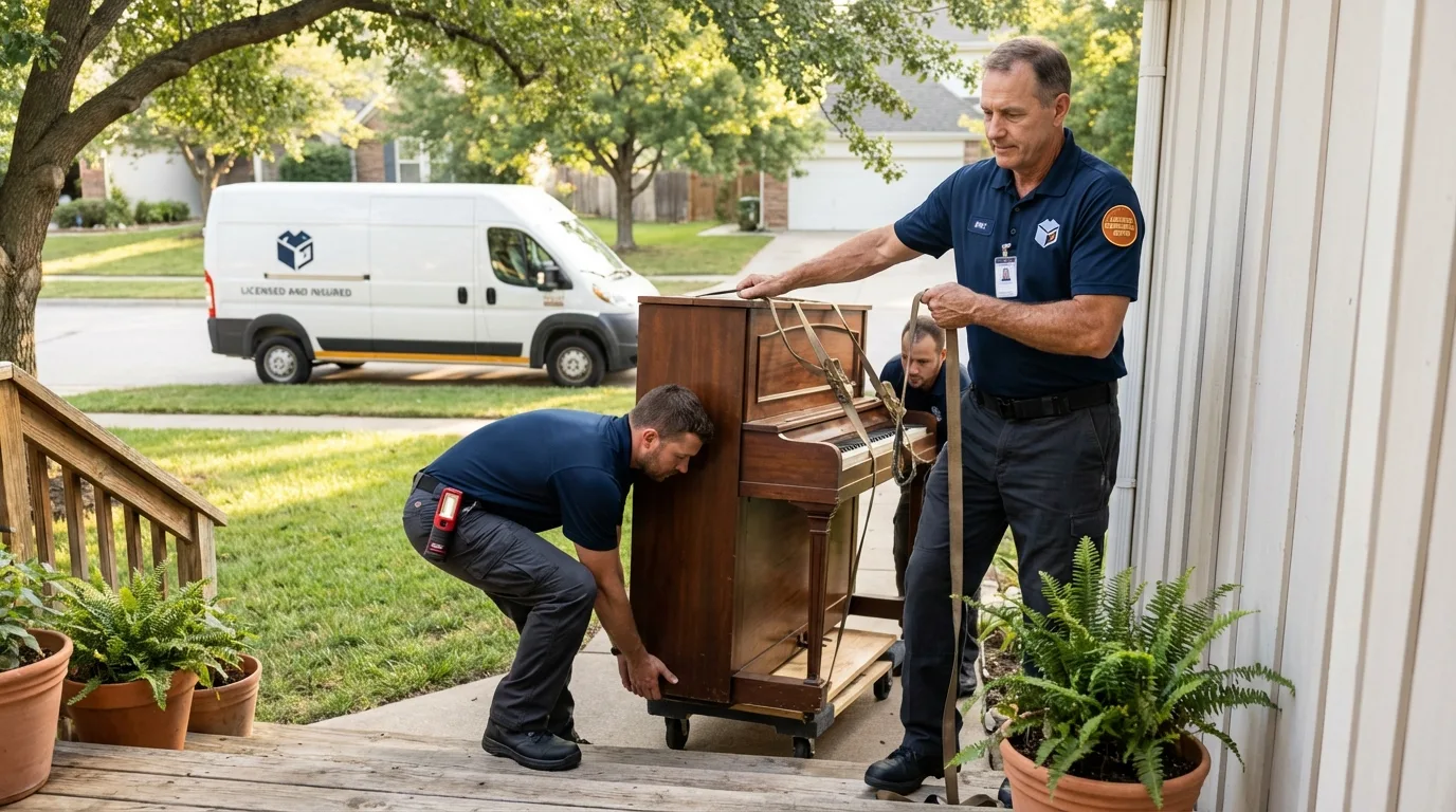 Licensed piano movers securing grand piano in Hampton, SC