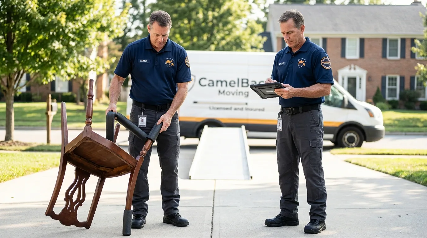 Movers inspecting furniture for damage prevention before loading in Hampton, SC